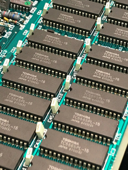 OLD MEMORY PCB WITH 22 X 6264 TOSHIBA SRAM MEMORY CHIPS TC5565PL-15 ac1X14