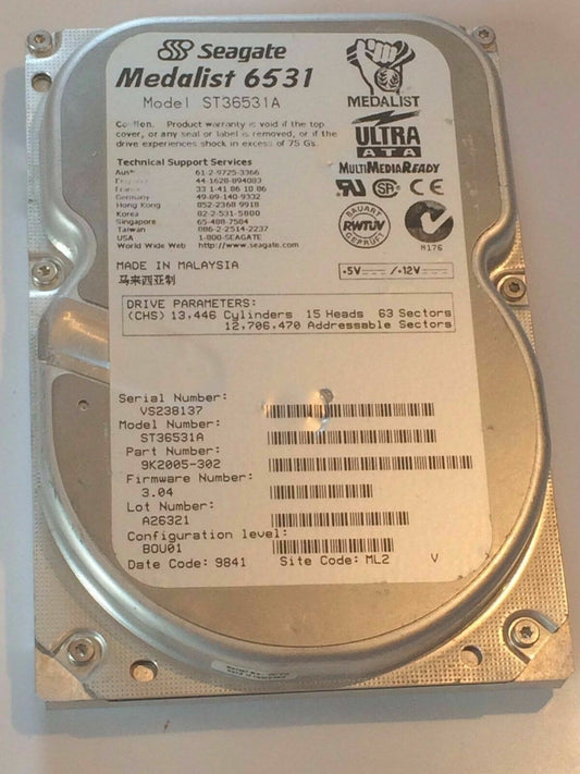 SEAGATE ST36531A 9K2005-302 FIRMWARE 3.04 IDE HARD DRIVE 6.5GB aa4bb2A