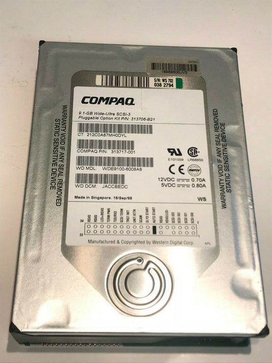 COMPAQ 313717-001 9.1GB SCSI 3 HARD DRIVE WDE9100-6008A8 aa5ga3