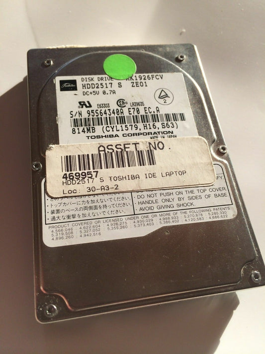TOSHIBA HDD2517 S 2.5 INCH 12.5MM 814MB HARD DISC DRIVE MK1926FCV fbc1f4
