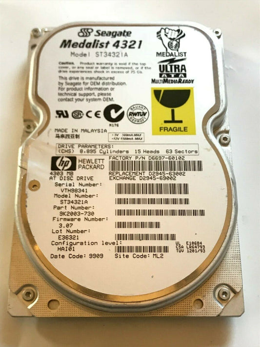 SEAGATE ST34321A 9K2003-730 FIRMWARE 3.07 IDE HARD DRIVE 4.3GB aa4ab1J
