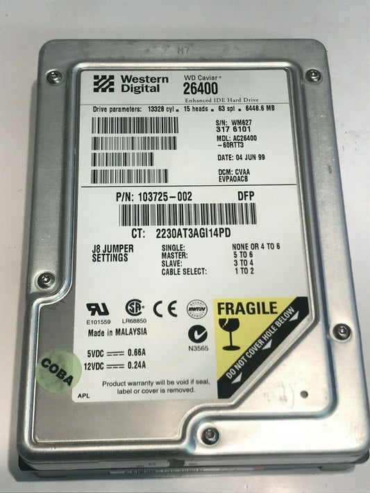 WESTERN DIGITAL CAVIAR 26400 6.4GB IDE HARD DRIVE AC26400-60RTT3 CVAAEVP aa5fc4a