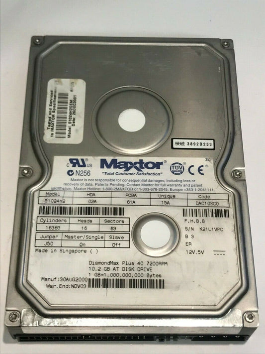 MAXTOR 51024H2 02A 61A 15A DAC10SC0 10.2GB IDE HARD DRIVE aa5fa3C