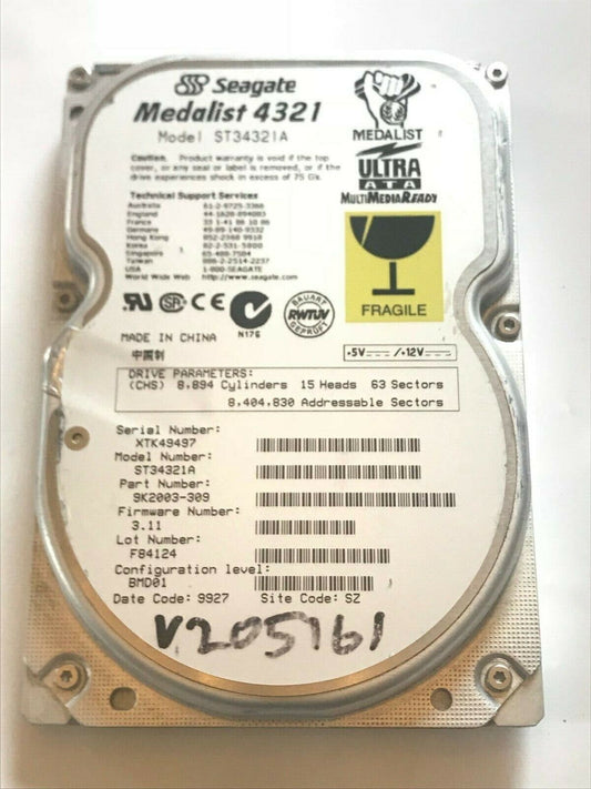 SEAGATE ST34321A 9K2003-309 FIRMWARE 3.11 IDE HARD DRIVE 4.3GB aa4ab4A