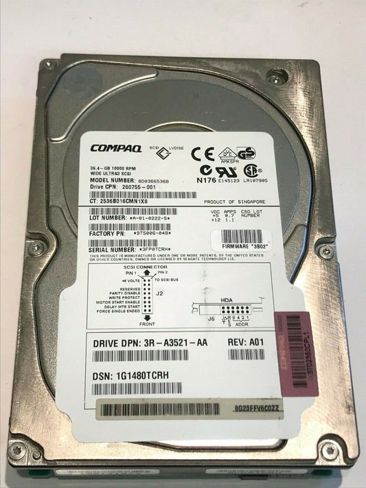 COMPAQ BD0366536B 36.4GB SCSI 3 HARD DRIVE 260755-001 3B02 9T5006-048 aa5gb6