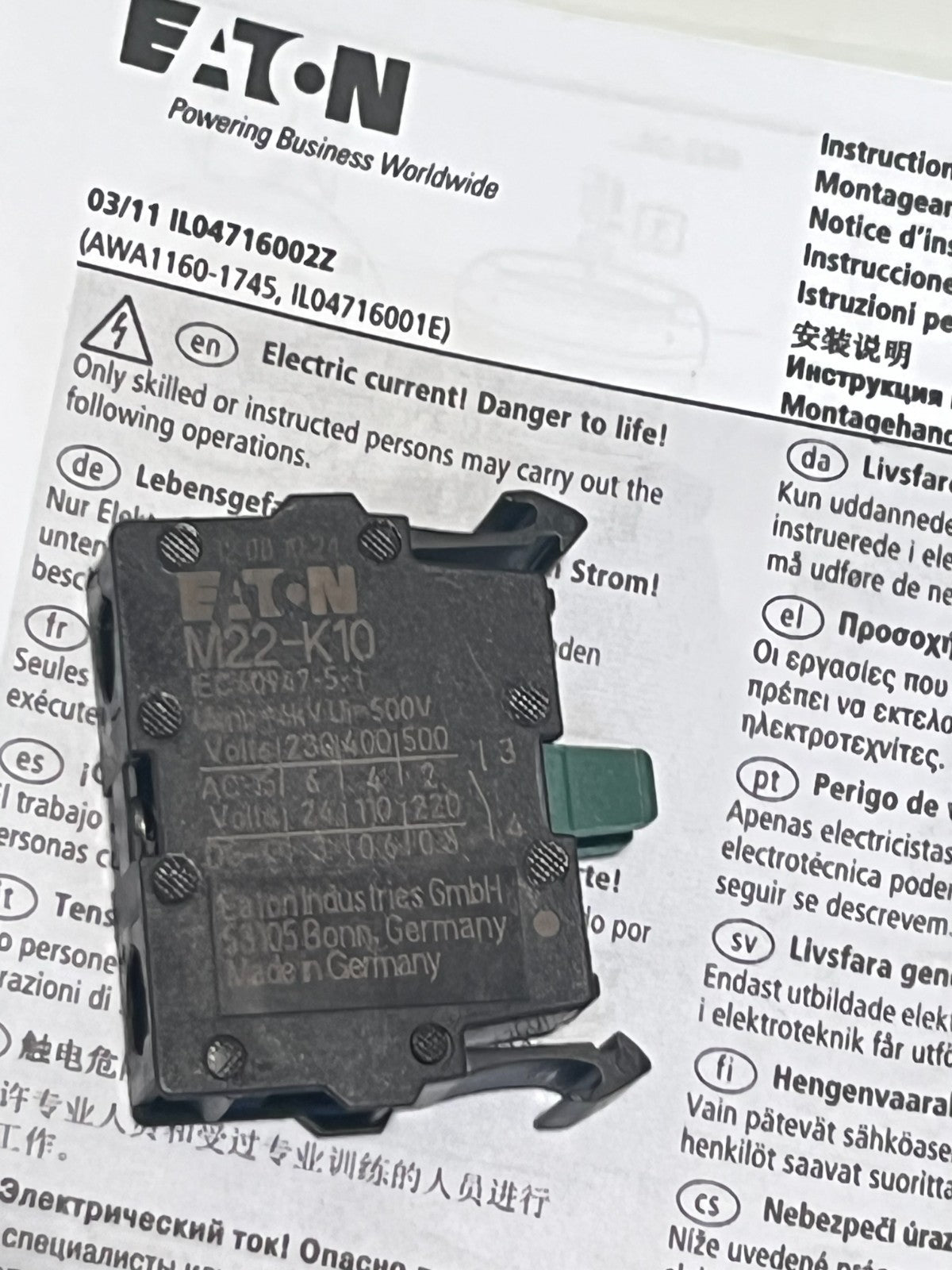 EATON M22-K10 CONTACT BLOCK RS 399-3573 ad1m40