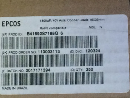 1800uF 40V EPCOS B41692S7188Q-6 AXIAL ELECTROLYTIC CAPACITOR (REEL x350) ae1*5