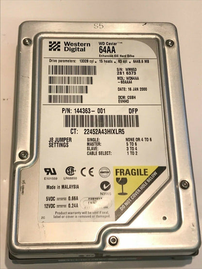 WESTERN DIGITAL CAVIAR 64AA 6.4GB IDE HARD DRIVE WD64AA-60AAA4 CSBHEVHHO aa5fd4