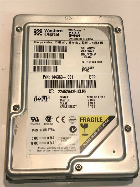 WESTERN DIGITAL CAVIAR 64AA 6.4GB IDE HARD DRIVE WD64AA-60AAA4 CSBHEVHHO aa5fd4