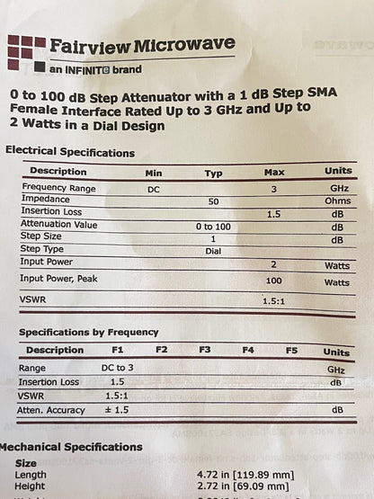 FAIRVIEW SA37100SMA 0 - 100dB VARIABLE STEP ATTENUATOR 3GHZ 2W NEW ad2n33