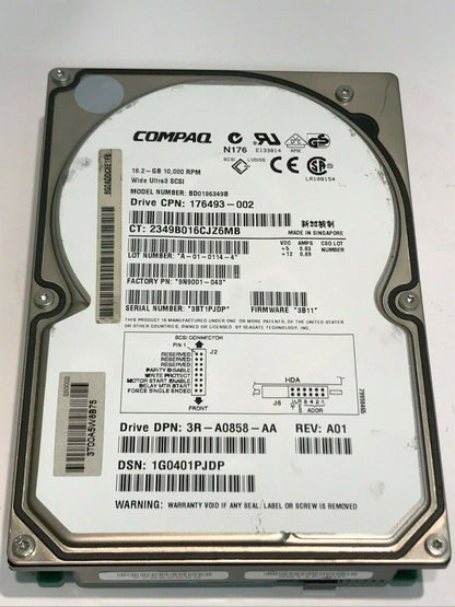 COMPAQ BD0186349B 18.2GB SCSI 3 HARD DRIVE 176493-002 3B11 9N9001-043 aa5ge5b