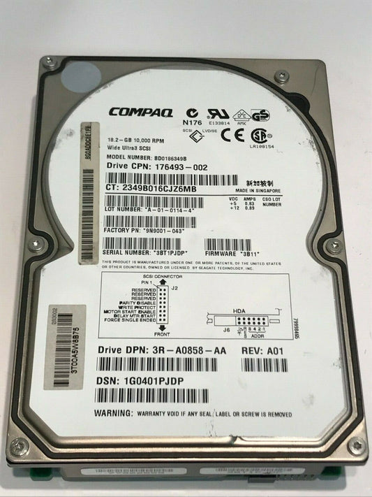 COMPAQ BD0186349B 18.2GB SCSI 3 HARD DRIVE 176493-002 3B11 9N9001-043 aa5ge5b