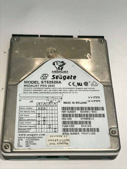 SEAGATE ST52520A 2.5GB IDE HARD DRIVE 9D3001-003 SMABRB12 aa5ge9