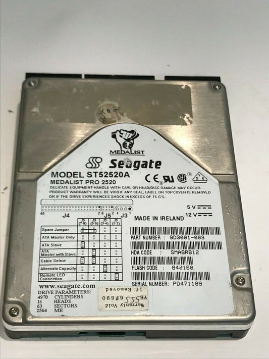 SEAGATE ST52520A 2.5GB IDE HARD DRIVE 9D3001-003 SMABRB12 aa5ge9