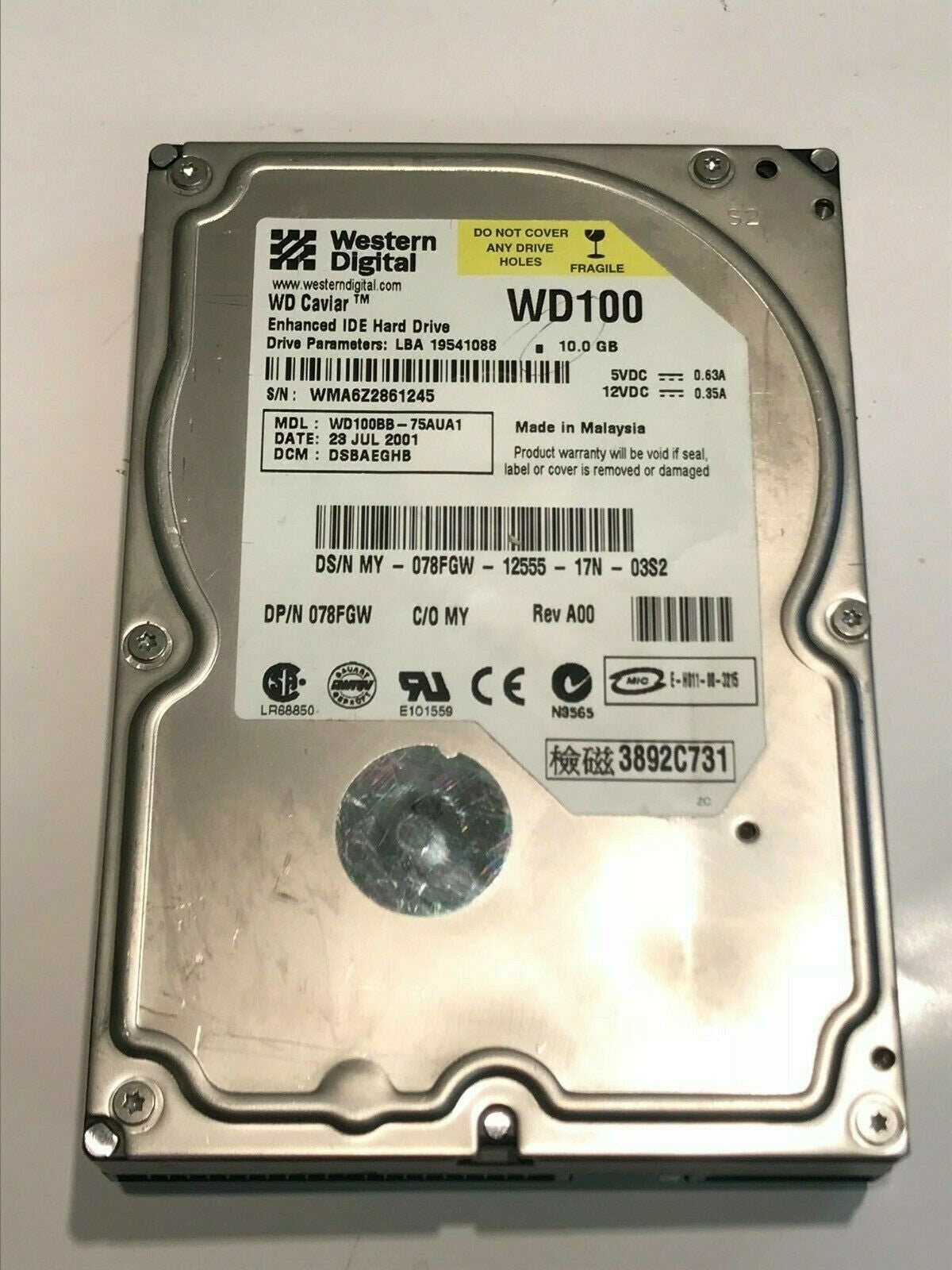 WESTERN DIGITAL CAVIAR WD100 10GB IDE HARD DRIVE WD100BB-75AUA1 DSBAEGHB aa5fc9