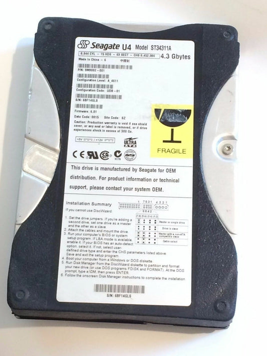 SEAGATE ST34311A 9M9002-001 FIRMWARE 6.01 IDE HARD DRIVE 4.3GB aa4ad2