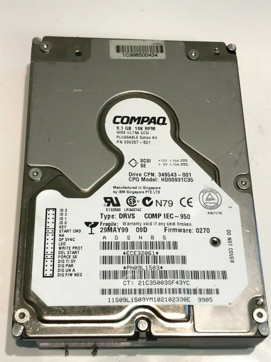 COMPAQ HD00931C35 9.1GB SCSI ULTRA HARD DRIVE PN09L1503 0270 aa5ga9