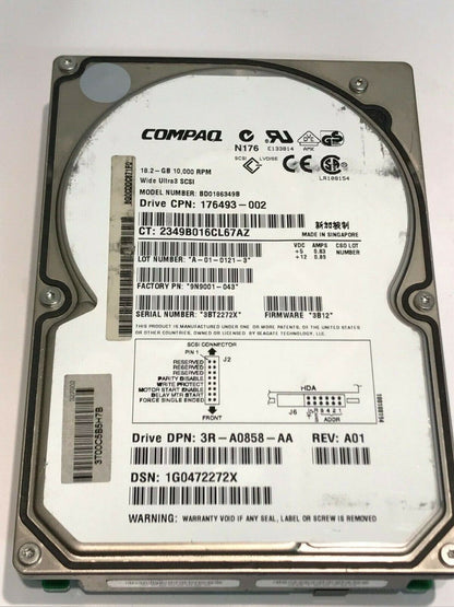 COMPAQ BD0186349B 18.2GB SCSI 3 HARD DRIVE 176493-002 3B12 9N9001-043 aa5ge5a