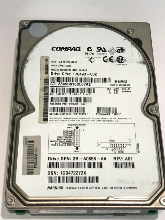 COMPAQ BD0186349B 18.2GB SCSI 3 HARD DRIVE 176493-002 3B12 9N9001-043 aa5ge5a