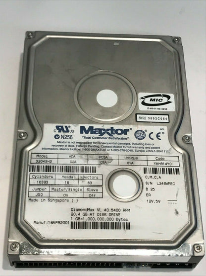 MAXTOR 32049H2 02A 03A 81A YAH814Y0 20.4GB IDE HARD DRIVE aa5ge2
