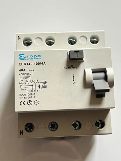 EUROPA EUR140.100/4A 4 POLE 40A 100mA RCCB BREAKER NEW BOXED fd1d39