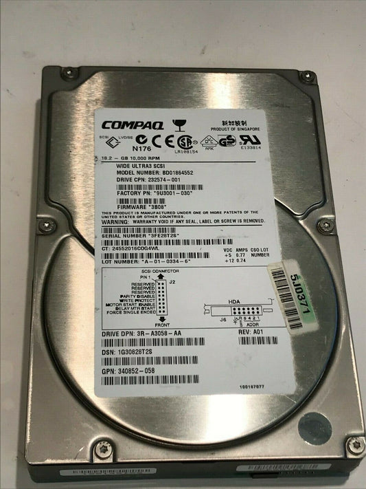 COMPAQ BD01864552 18.2GB SCSI 3 HARD DRIVE 232574-001 3B08 9U3001-030 aa5gc1