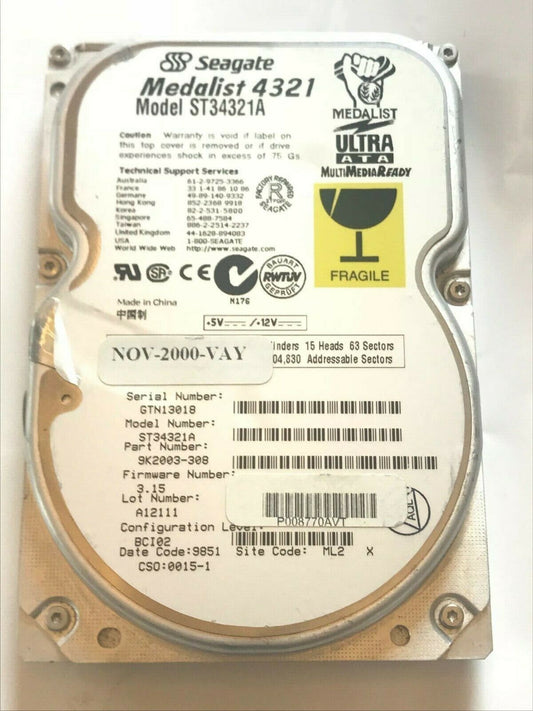 SEAGATE ST34321A 9K2003-308 FIRMWARE 3.15 IDE HARD DRIVE 4.3GB aa4ab4