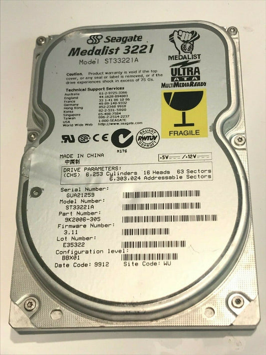SEAGATE ST33221A 3.2GB IDE HARD DRIVE 9K2006-305 3.11 BBX01 aa5hc7