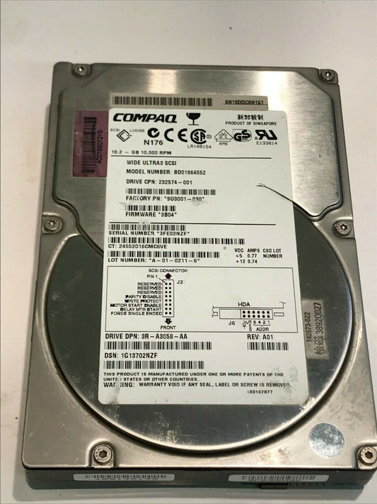 COMPAQ BD01864552 18.2GB SCSI 3 HARD DRIVE 232574-001 3B04 9U3001-030 aa5gc1A