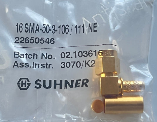 SUHNER RIGHT ANGLE SMA MALE PLUG FOR MINI COAXIAL 16SMA-50-3-106/111 fcb25.39