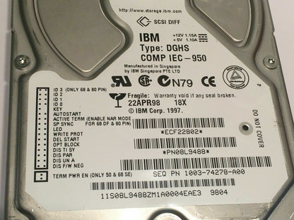 IBM PN08L9488 TYPE DGHS HARD DRIVE 18.2GB 68 PIN SCSI 08L9488 aa4cd8