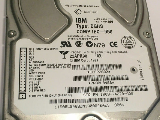 IBM PN08L9488 TYPE DGHS HARD DRIVE 18.2GB 68 PIN SCSI 08L9488 aa4cd8