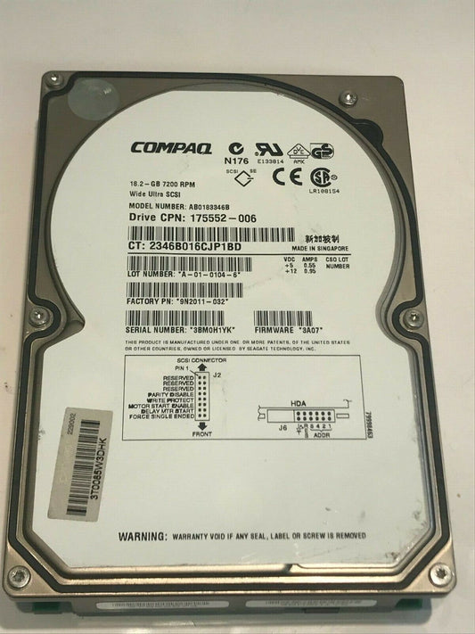 COMPAQ AB0183346B 18.2GB SCSI ULTRA HARD DRIVE 9N2011-032 3A07 aa5ga7