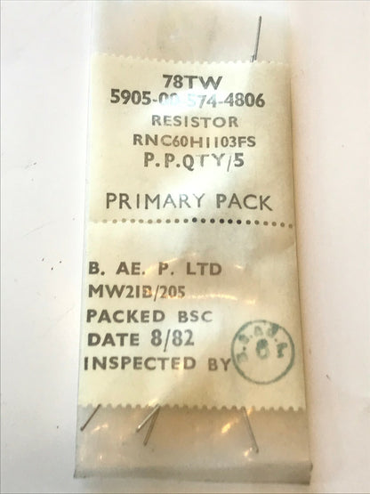 DALE RNC60H1103FS 110K 1% 0.25W MILITARY GRADE LOW NOISE RESISTOR x5 fd7d22