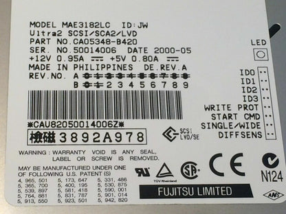 FUJITSU MAE3182LC 18.2GB SCA2 SCSI ULTRA2 HARD DRIVE CAO5348-B420 fbc1e7
