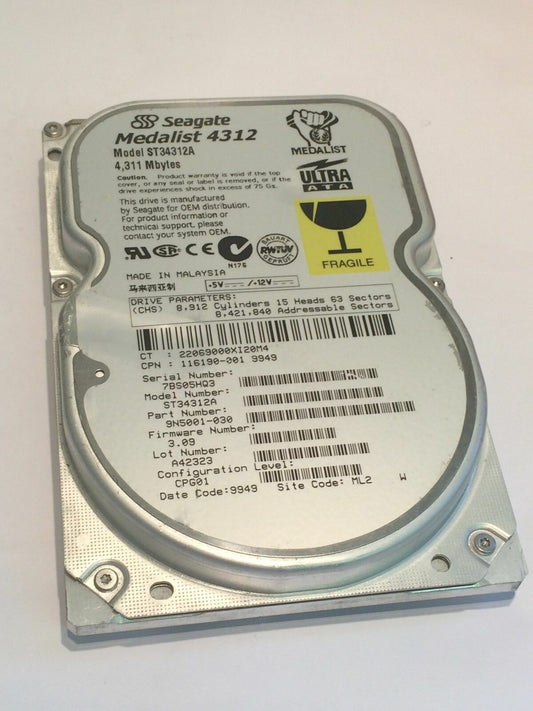 SEAGATE ST34312A 9N5001-030 FIRMWARE 3.09 IDE HARD DRIVE 4.3GB aa4bc5