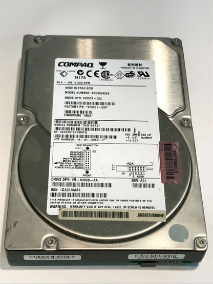 COMPAQ BD03664553 36.4GB SCSI 3 HARD DRIVE 232574-002 3B08 9T9001-030 aa5gd1A