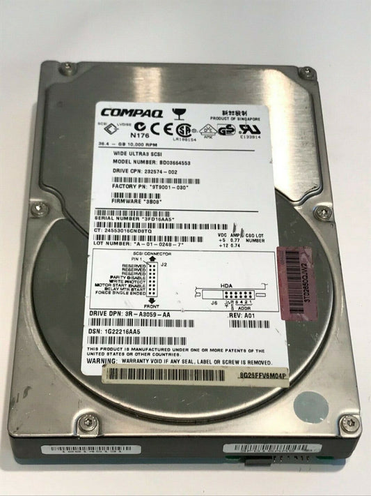 COMPAQ BD03664553 36.4GB SCSI 3 HARD DRIVE 232574-002 3B08 9T9001-030 aa5gd1A
