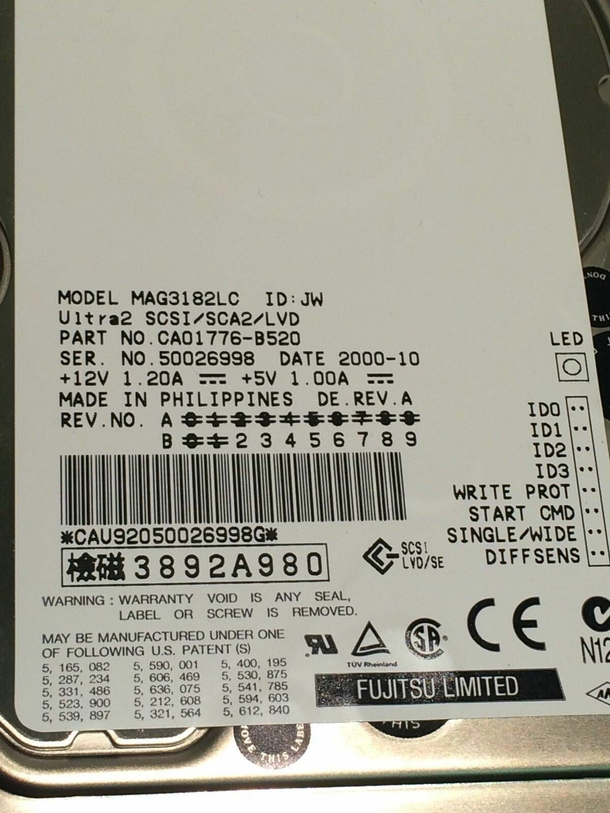 FUJITSU MAG3182LC 18.2GB SCA2 SCSI ULTRA2 HARD DRIVE CAO1776-B520 aa4cb4