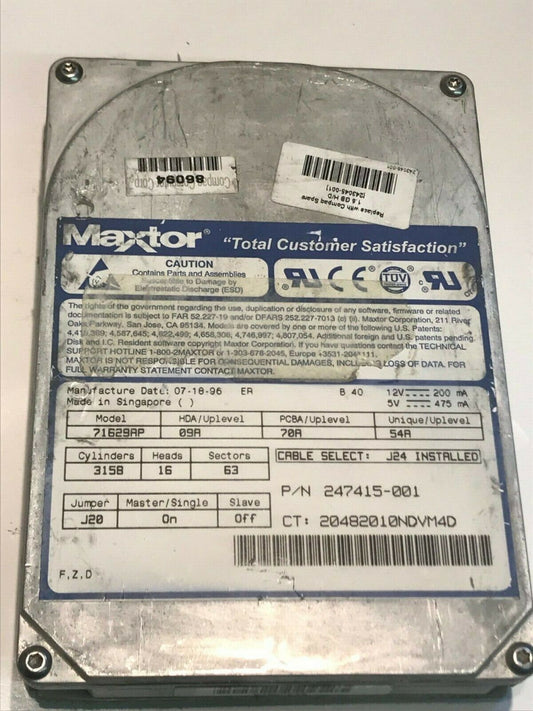 MAXTOR 71629AP 09A 70A 54A 1.6GB IDE HARD DRIVE aa5he5