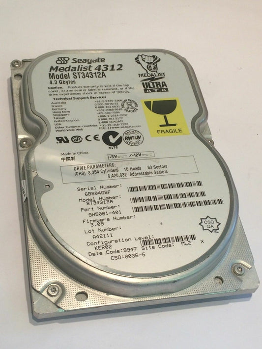 SEAGATE ST34312A 9N5001-401 FIRMWARE 3.09 IDE HARD DRIVE 4.3GB aa4bc5B