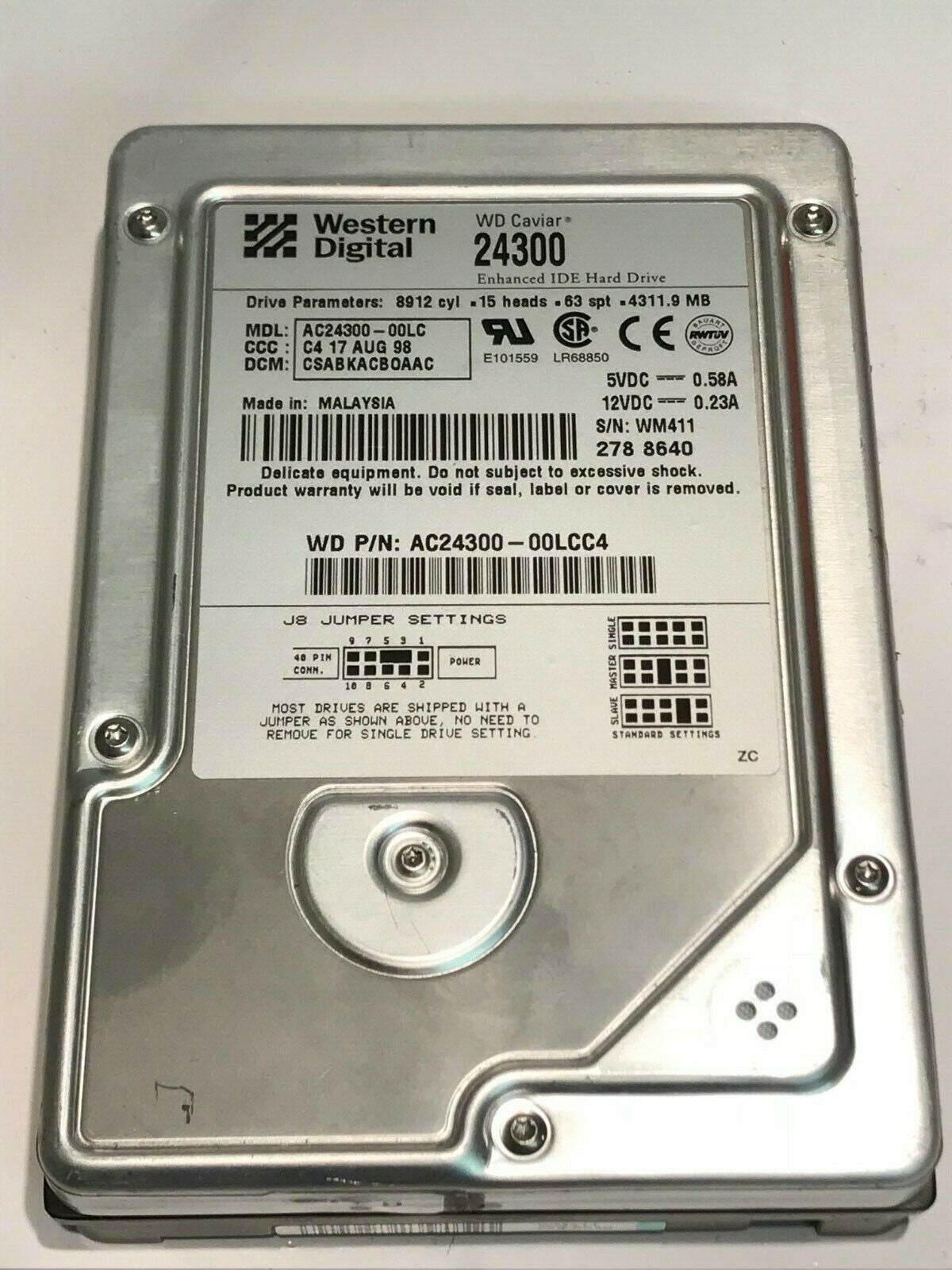 WESTERN DIGITAL CAVIAR 24300 4.3GB IDE HARD DRIVE AC24300-00LC CSABKACB aa5fb6B