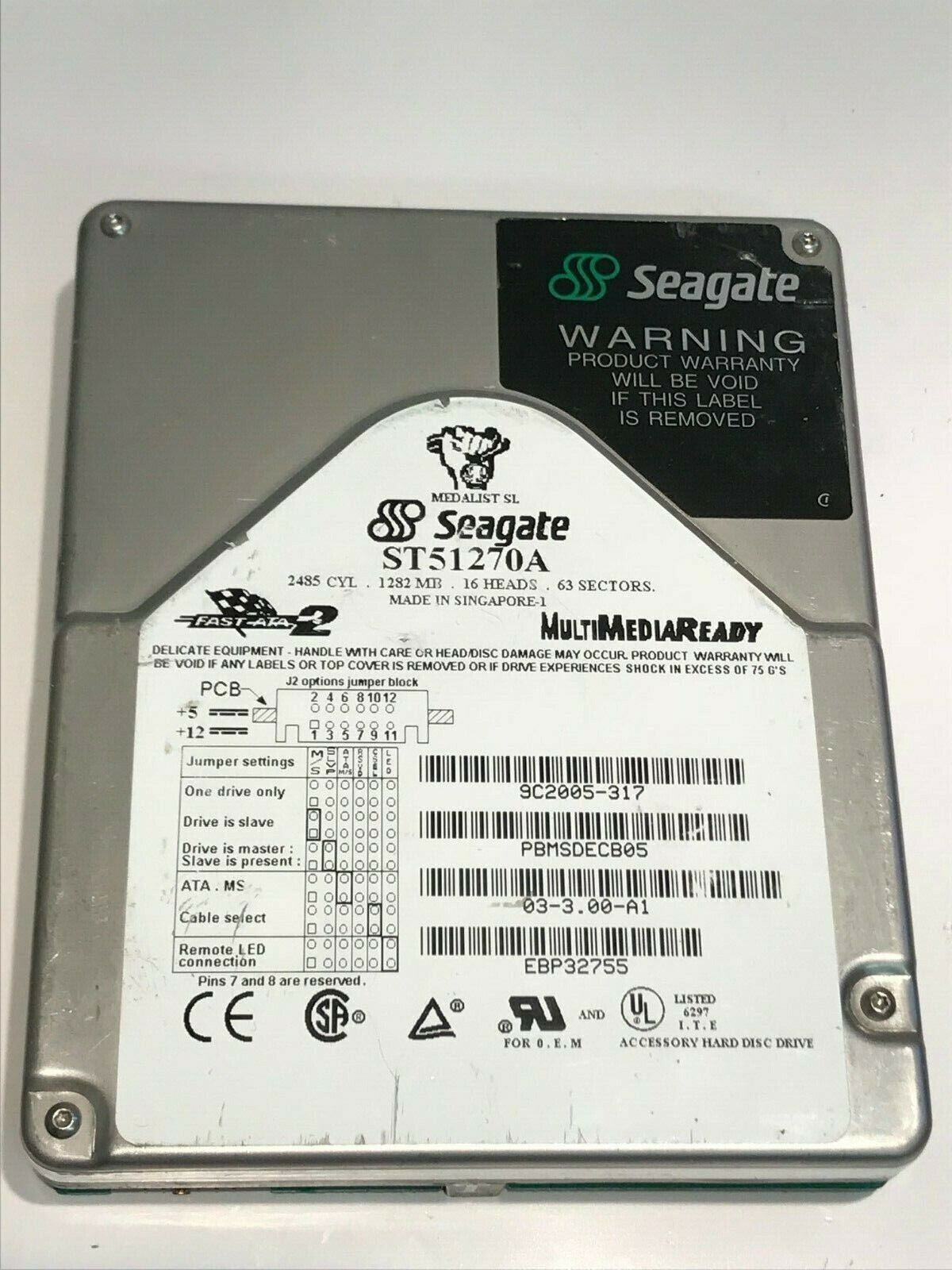 SEAGATE ST51270A 1.2GB IDE HARD DRIVE 9C2005-317 03-3.00-A1 PBMSDECB05 aa5gd12