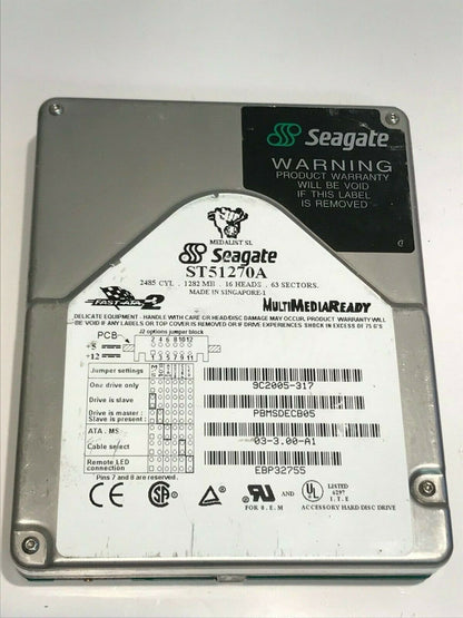 SEAGATE ST51270A 1.2GB IDE HARD DRIVE 9C2005-317 03-3.00-A1 PBMSDECB05 aa5gd12