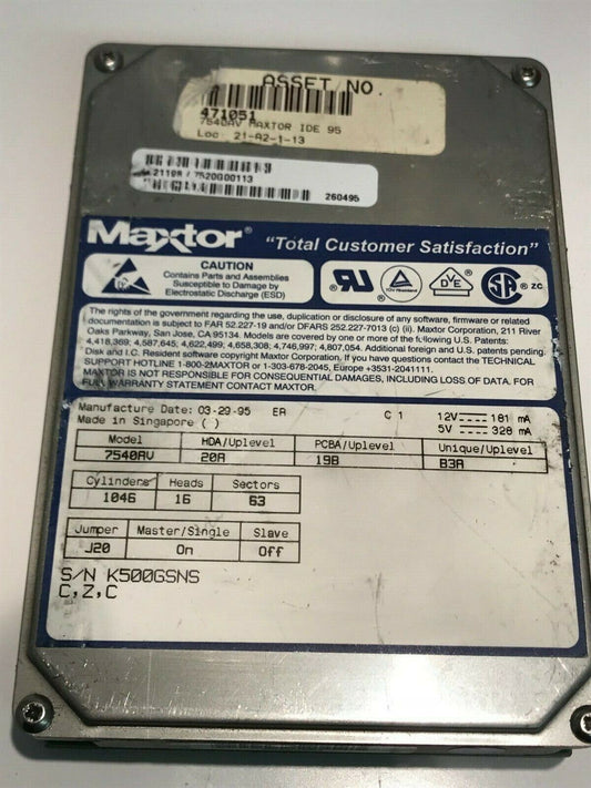 MAXTOR 7540AV 20A 19B B3A 540MB IDE HARD DRIVE aa5id3