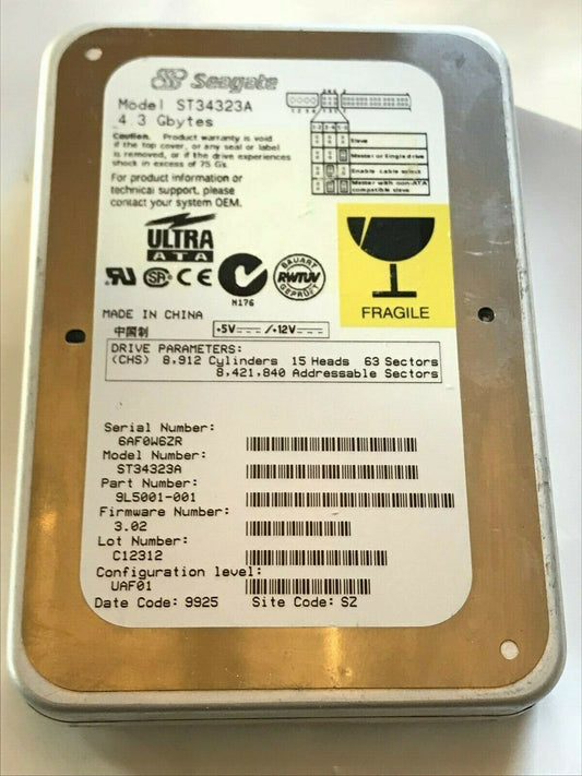 SEAGATE ST34323A 9L5001-001 FIRMWARE 3.02 IDE HARD DRIVE 4.3GB aa4ab2B