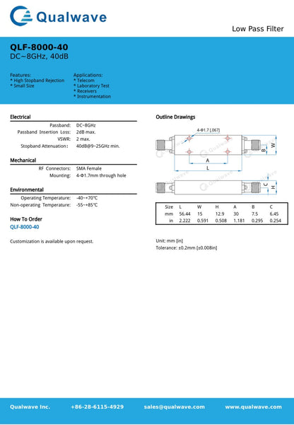 QUALWAVE DC - 8GHZ LOW PASS FILTER SMA CONNECTORS AE1W90