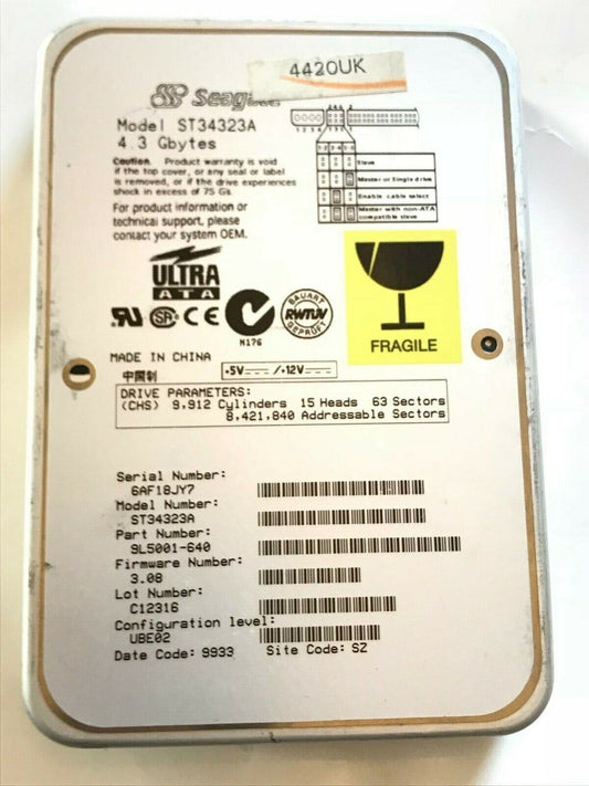 SEAGATE ST34323A 9L5001-640 FIRMWARE 3.08 IDE HARD DRIVE 4.3GB aa4ab2A