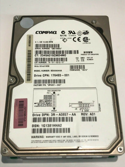 COMPAQ BD0096349A 9P4001-043 3B15 9.1GB SCSI 3 ULTRA HARD DRIVE aa5ib1