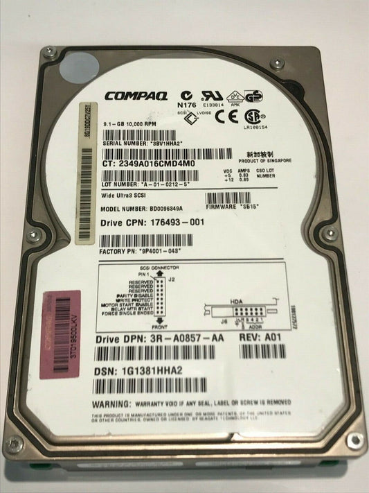 COMPAQ BD0096349A 9P4001-043 3B15 9.1GB SCSI 3 ULTRA HARD DRIVE aa5ib1